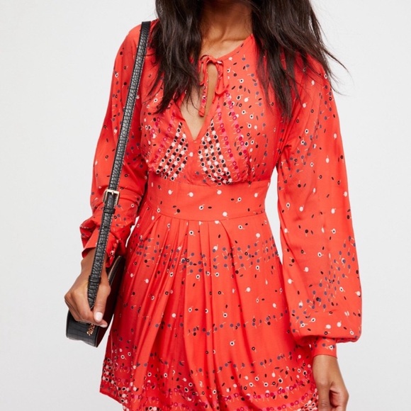 Free People Coryn Coral Orange Print Long Sleeve Dress, sz 0 - Picture 9 of 14